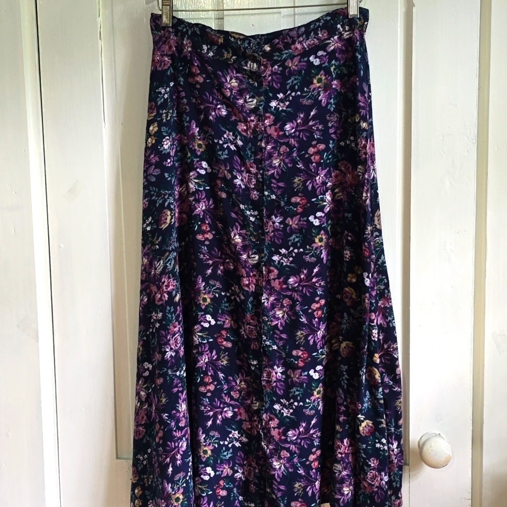 Vintage Dark Floral Button Front A Line Rayon Maxi Skirt